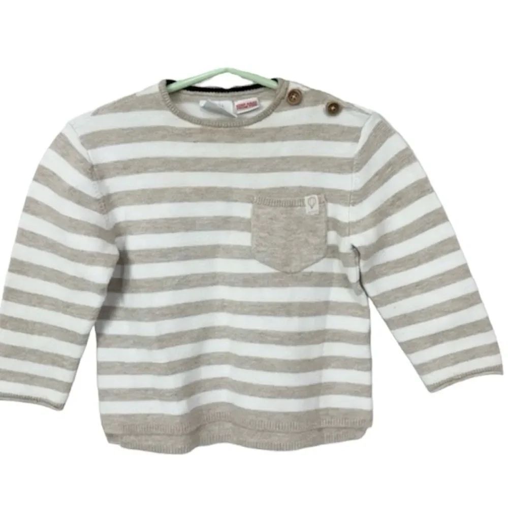 Zara Cotton Striped Crew Neck Pullover Sweater Beige White 12-18 Months